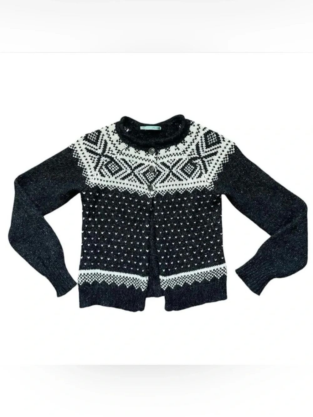 VINTAGE Cozy Granny Wool Blend Fair Isle Knit Cardigan Sweater Sz L